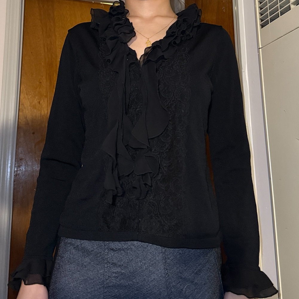 Black Ruffled Long Sleeve Blouse